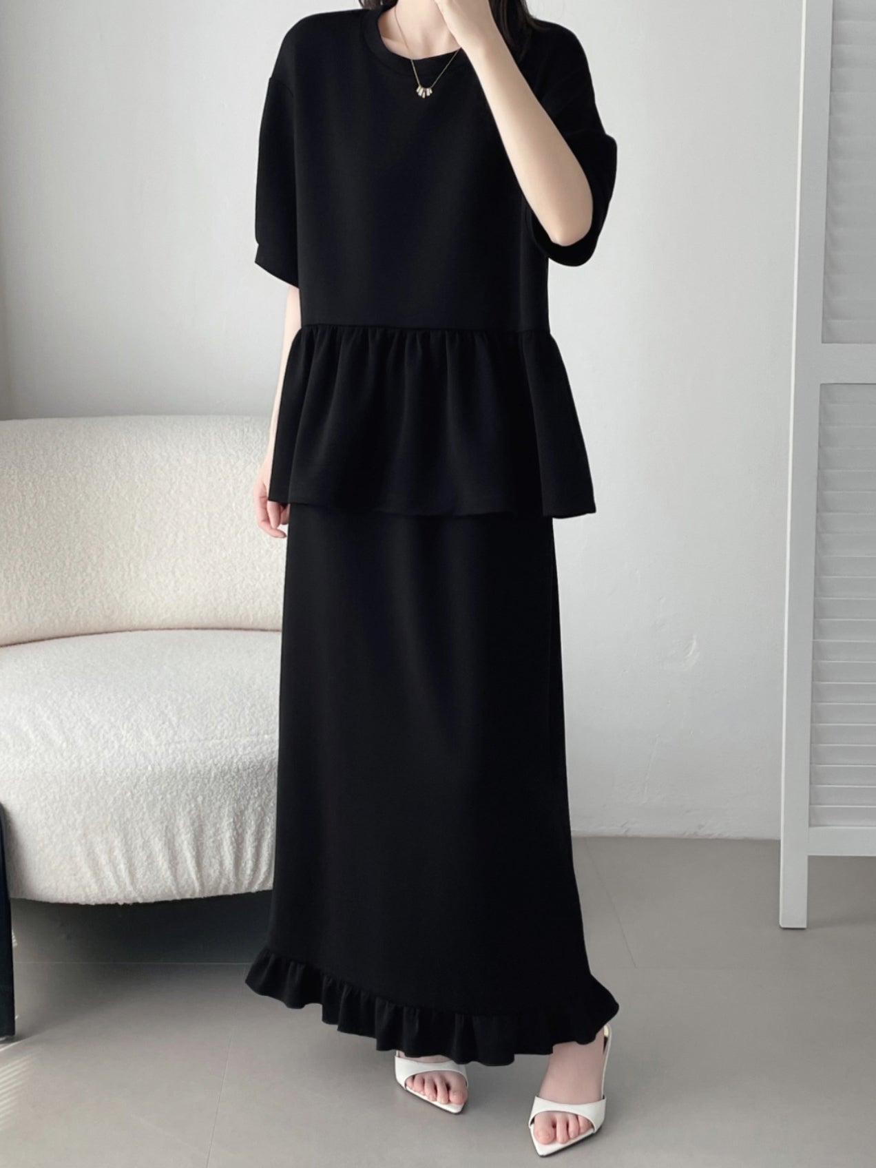 Peplum frill cardboard pullover + frill hem maxi skirt SET 3 colors