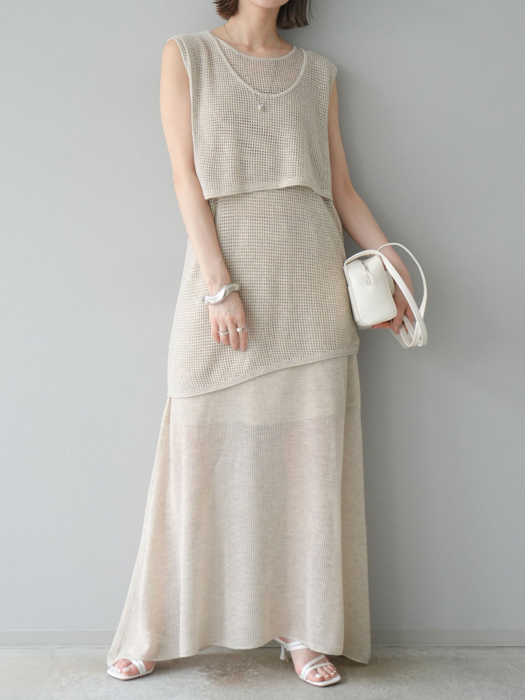 Mesh layered knit top + skirt set (4 colors)