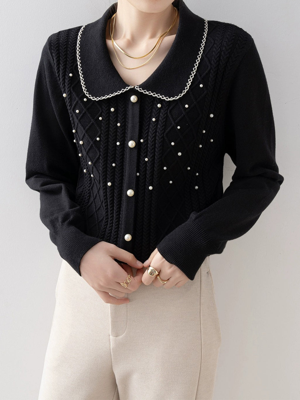 Pearl design Aran knit cardigan (3 colors)