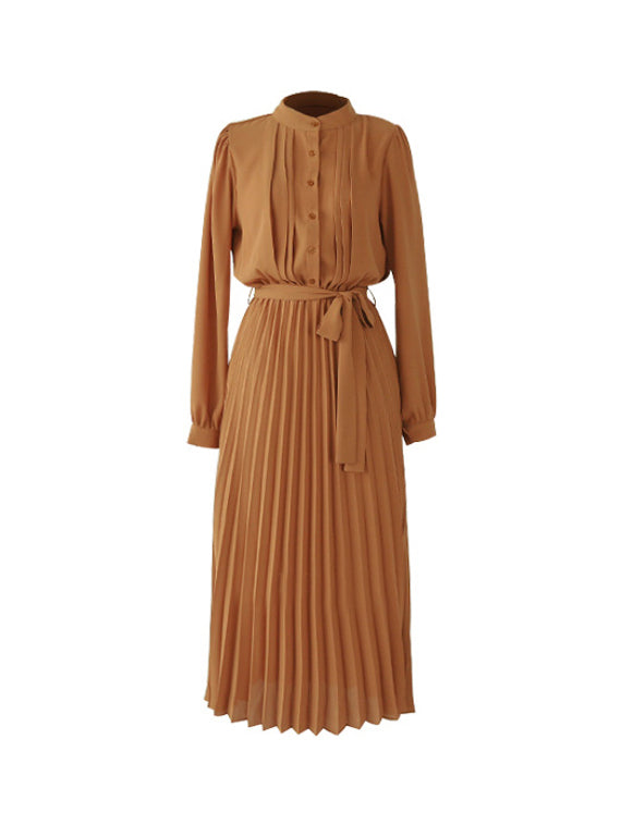 Ribbon Long Shirt Pleated Dress 8 colors