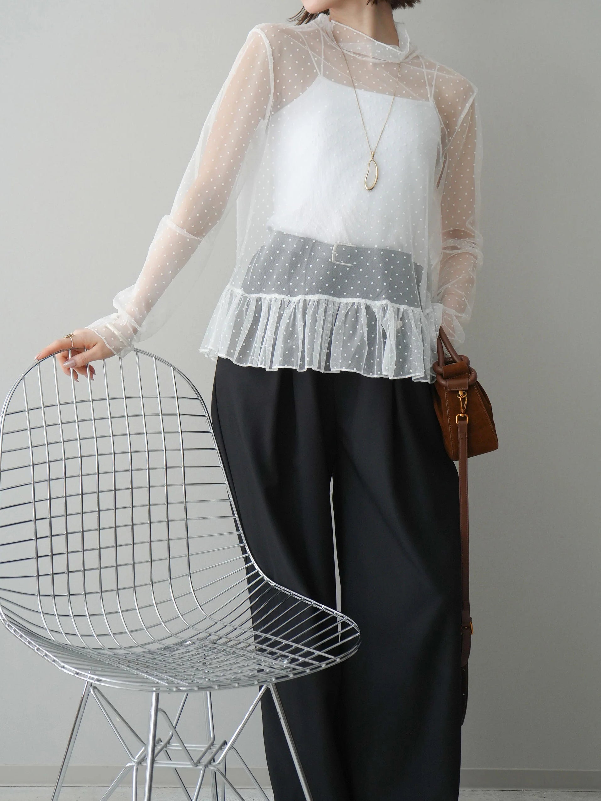 ハイネックシアードットチュールトップス　3色入 - SonderSable