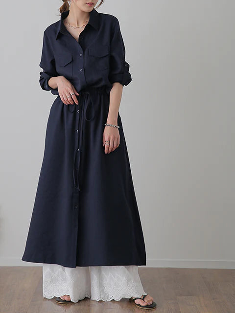 Drawstring long shirt dress in 5 colors