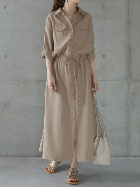 Drawstring long shirt dress in 5 colors