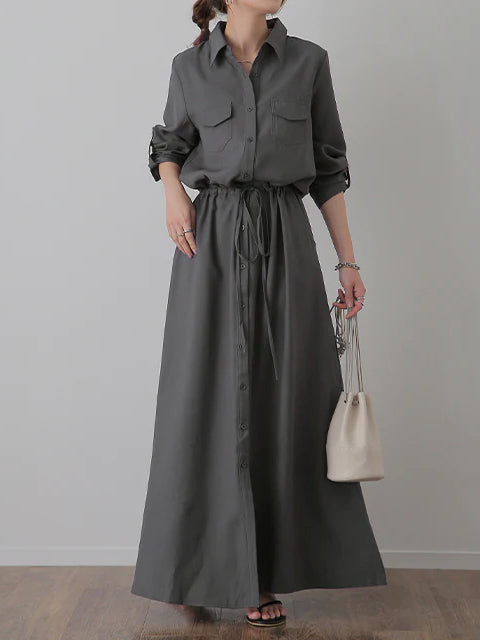 Drawstring long shirt dress in 5 colors