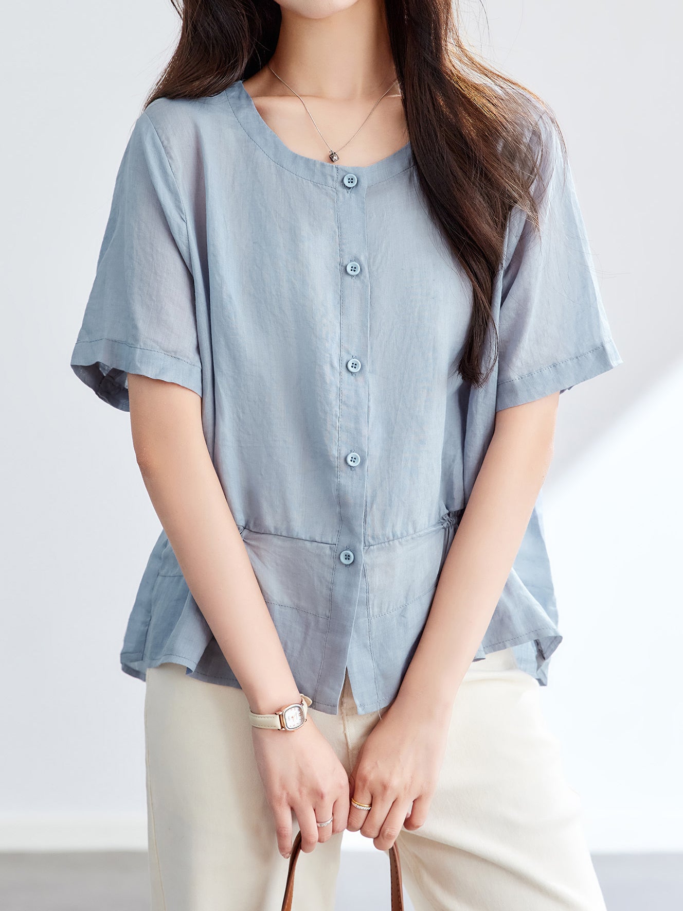 Natural side gathered blouse in 2 colors