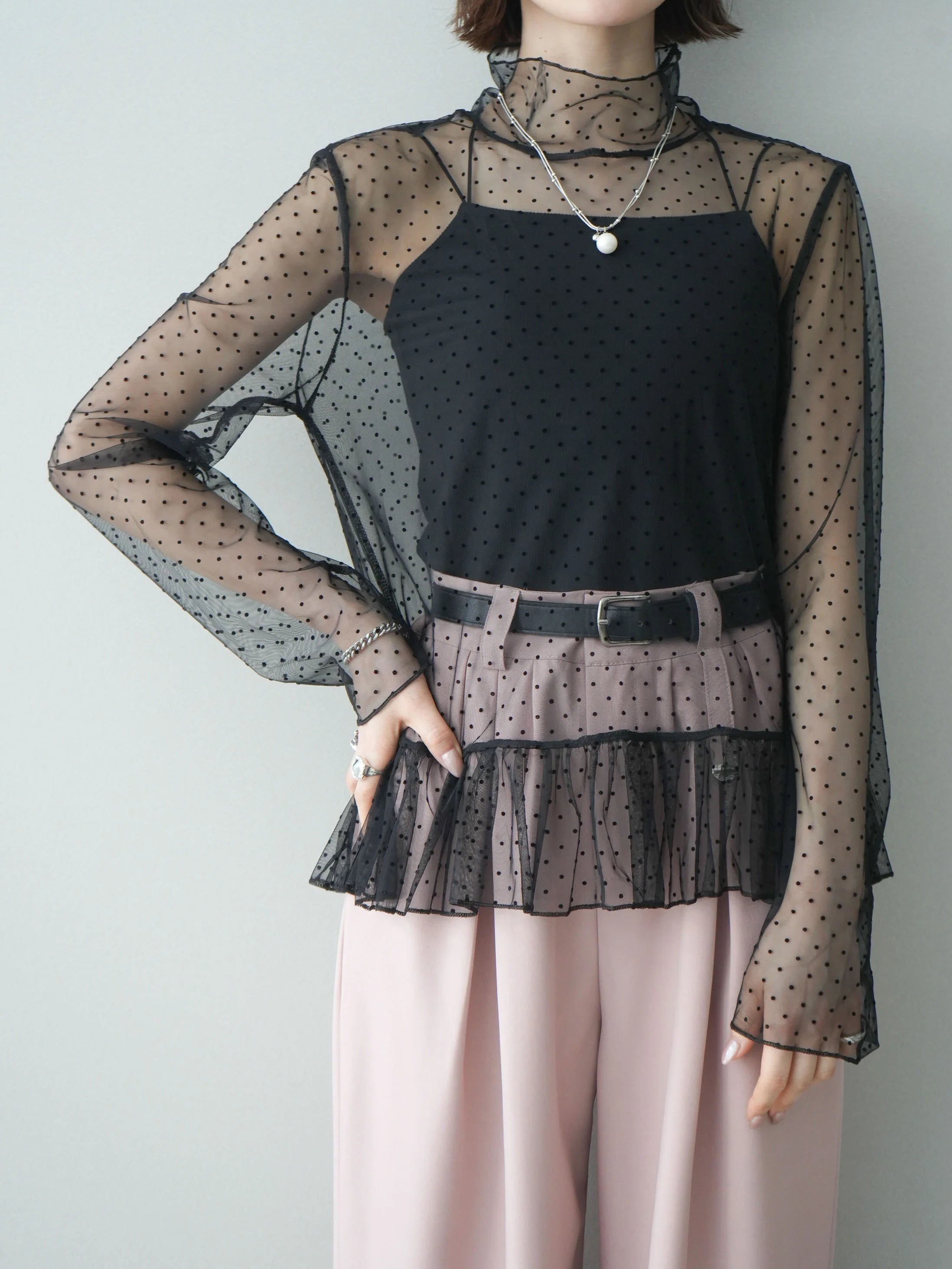 ハイネックシアードットチュールトップス　3色入