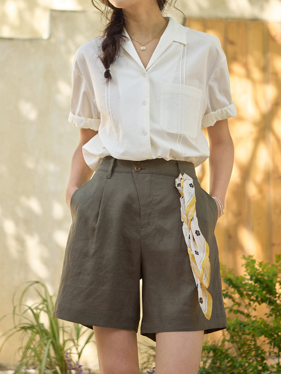 Open collar pin tuck shirt in 2 colors