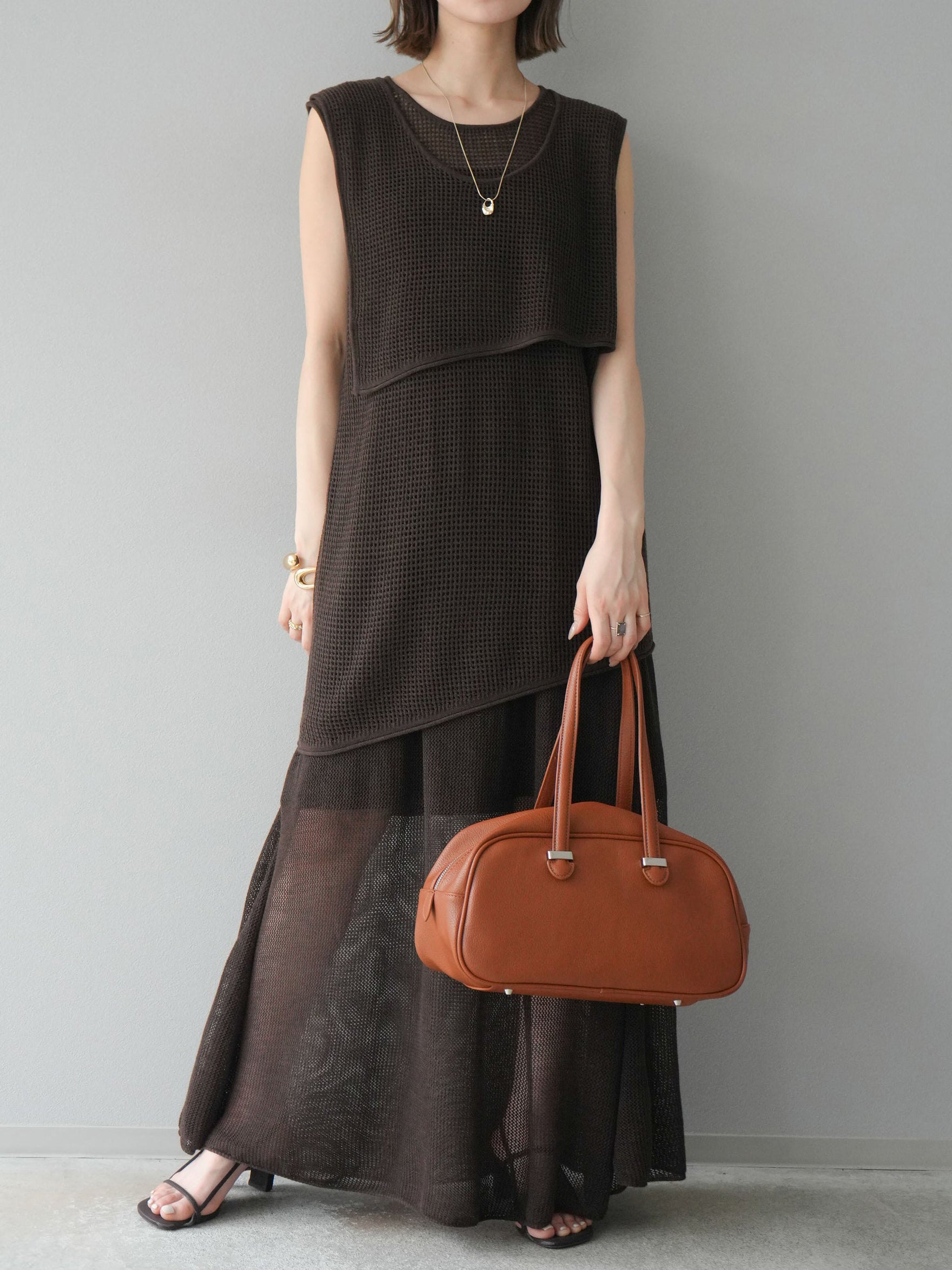 Mesh layered knit top + skirt set (4 colors)