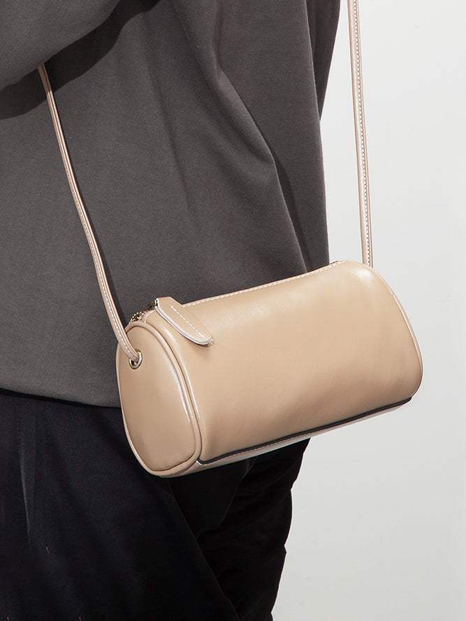 Vintage cylindrical leather shoulder bag in 4 colors