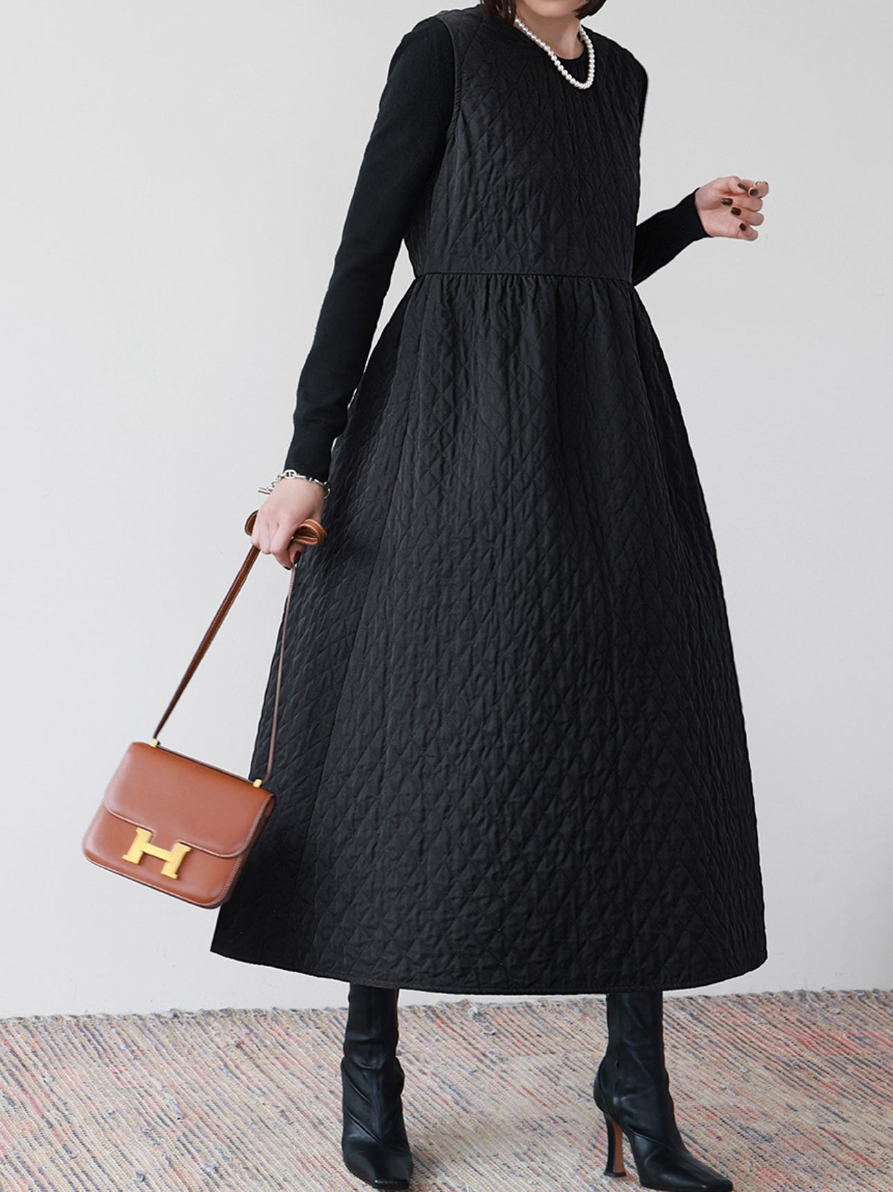 Quilted Gathered Flared Long Dress in 2 Colors