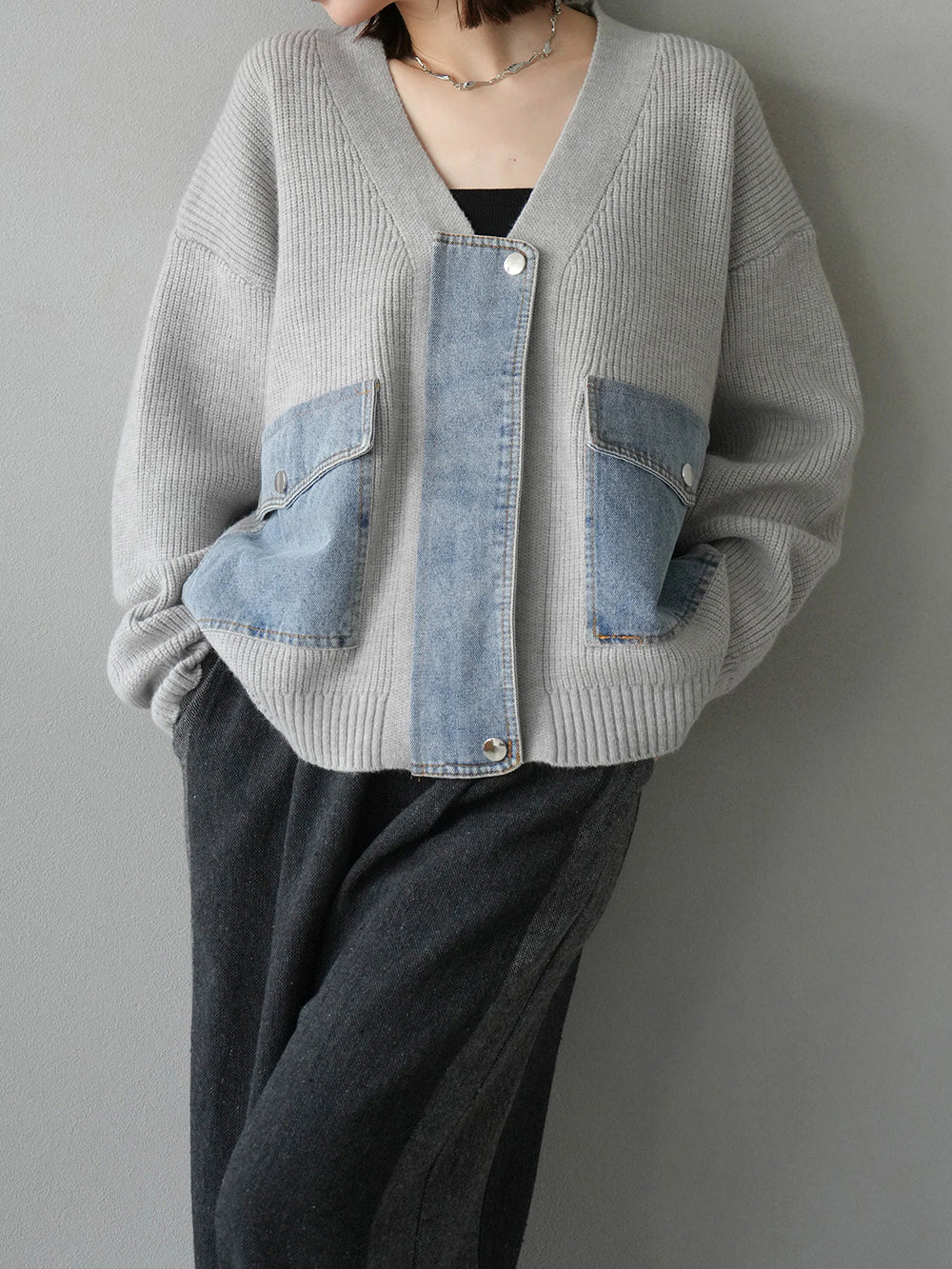 Denim pocket design knit cardigan (4 colors)