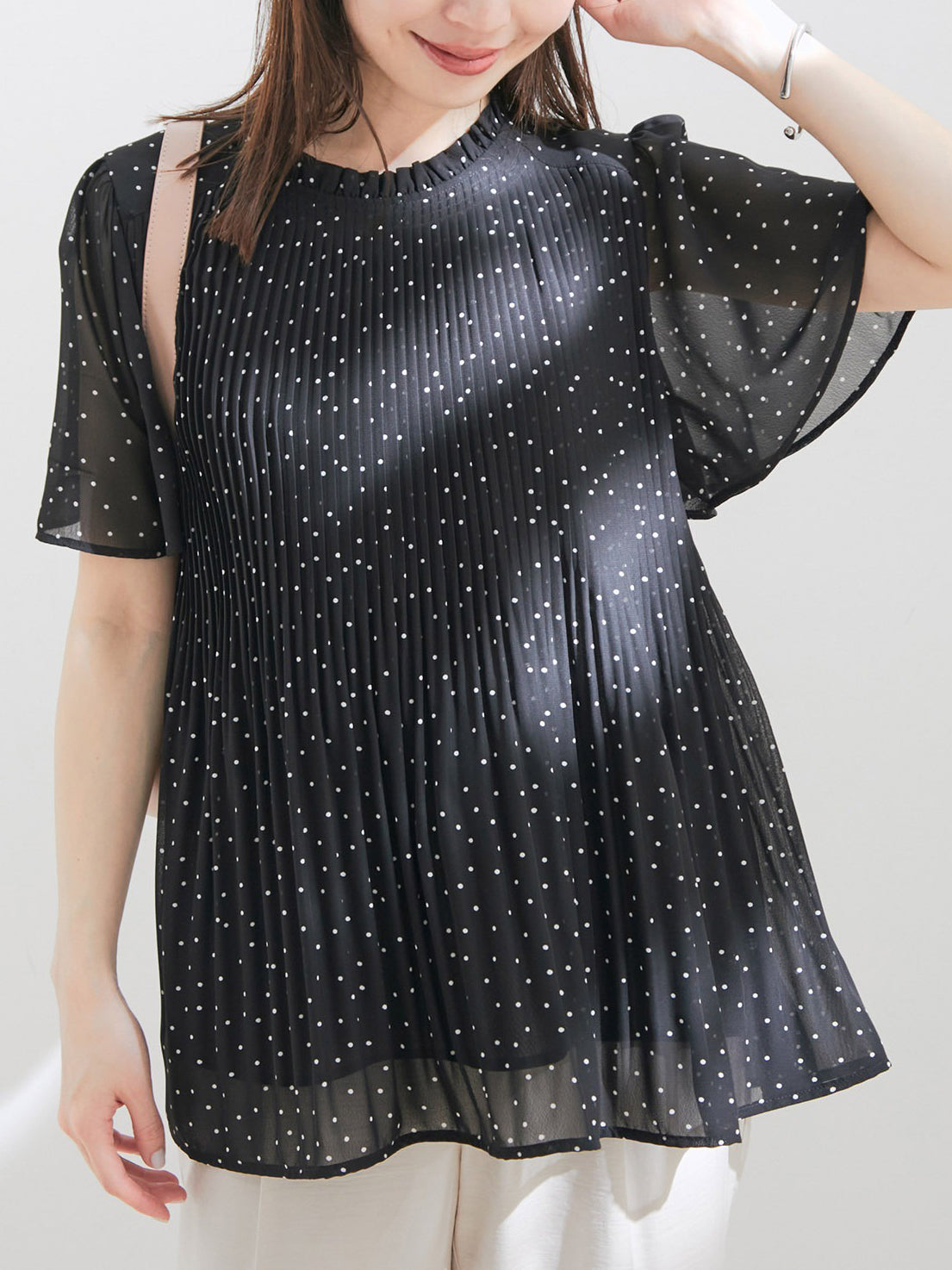 Flared chiffon pleated short sleeve blouse in 3 colors