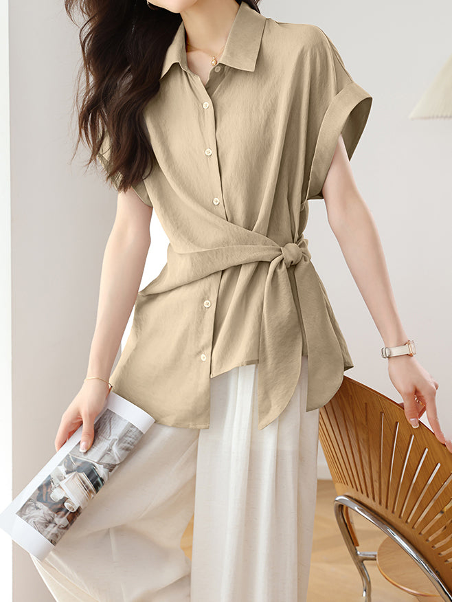 Side knotty wrap shirt, 2 colors available &lt;suitable for set-up&gt;