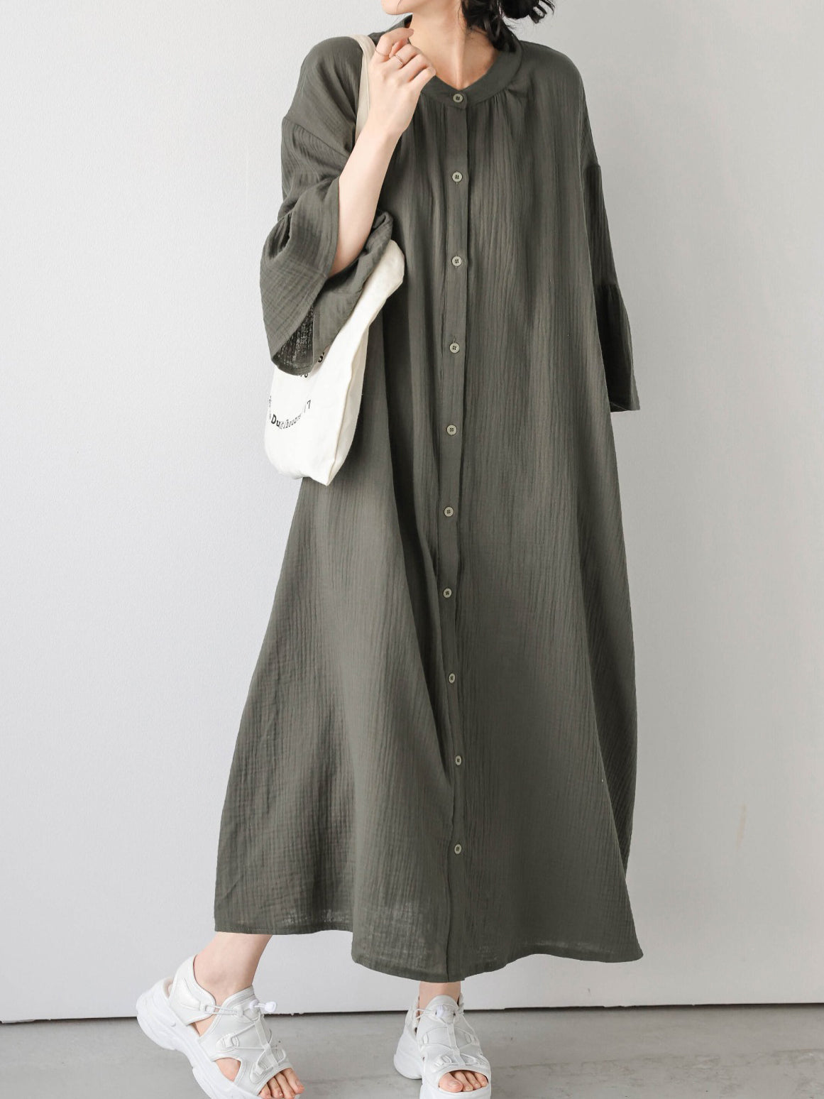 Flare Sleeve Long Shirt Dress (4 Colors)