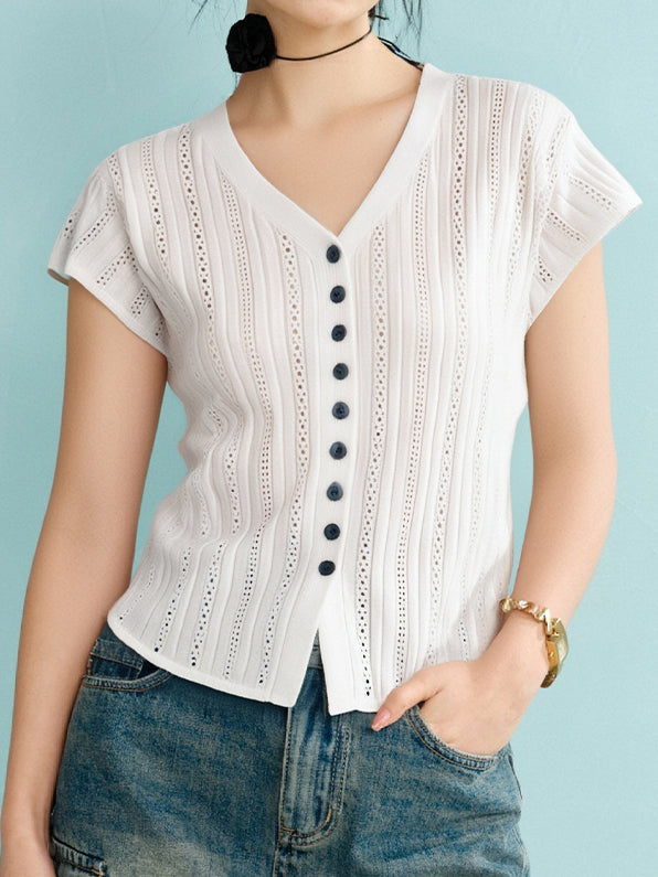 Vネックシアー編みクロシェニット　5色入