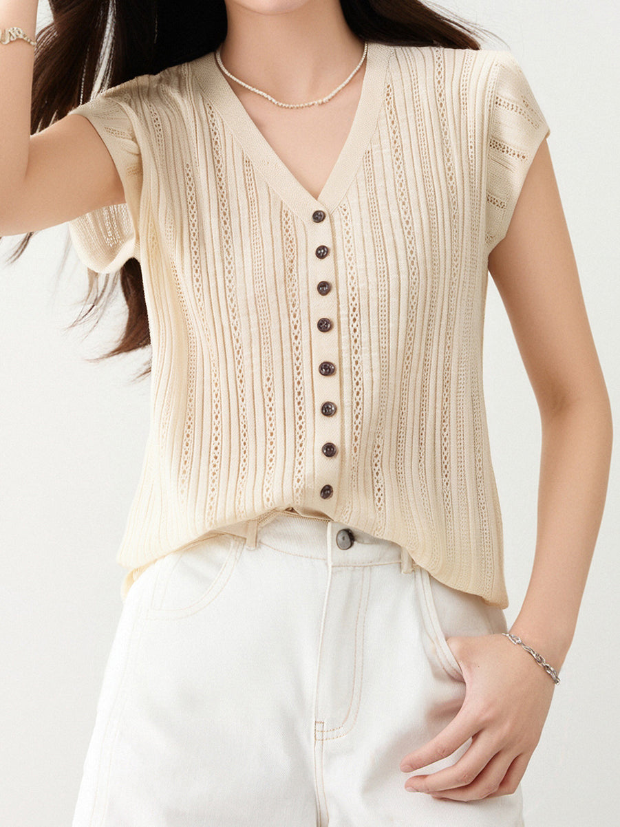 Vネックシアー編みクロシェニット　5色入