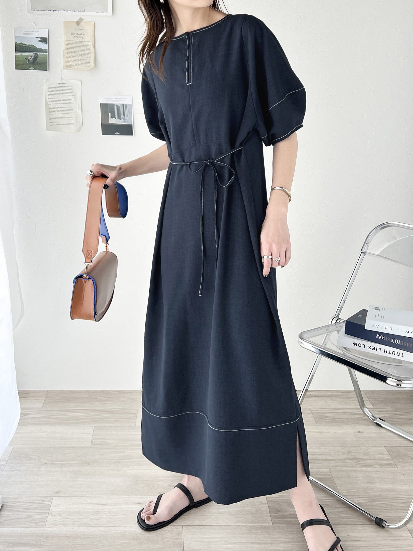 Front and back 2-way color-matched stitched lantern sleeve dress, 4 colors