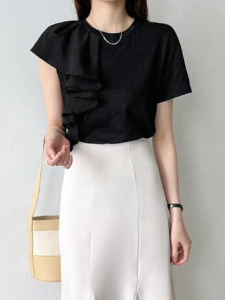 Shoulder frill short sleeve cut and sew asymmetrical T-shirt in 2 colors