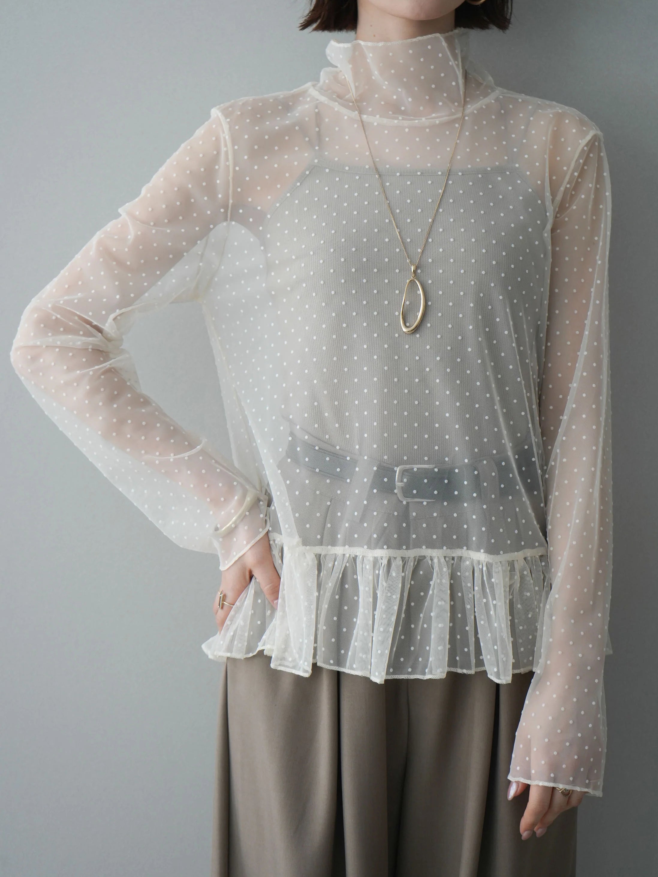 ハイネックシアードットチュールトップス　3色入