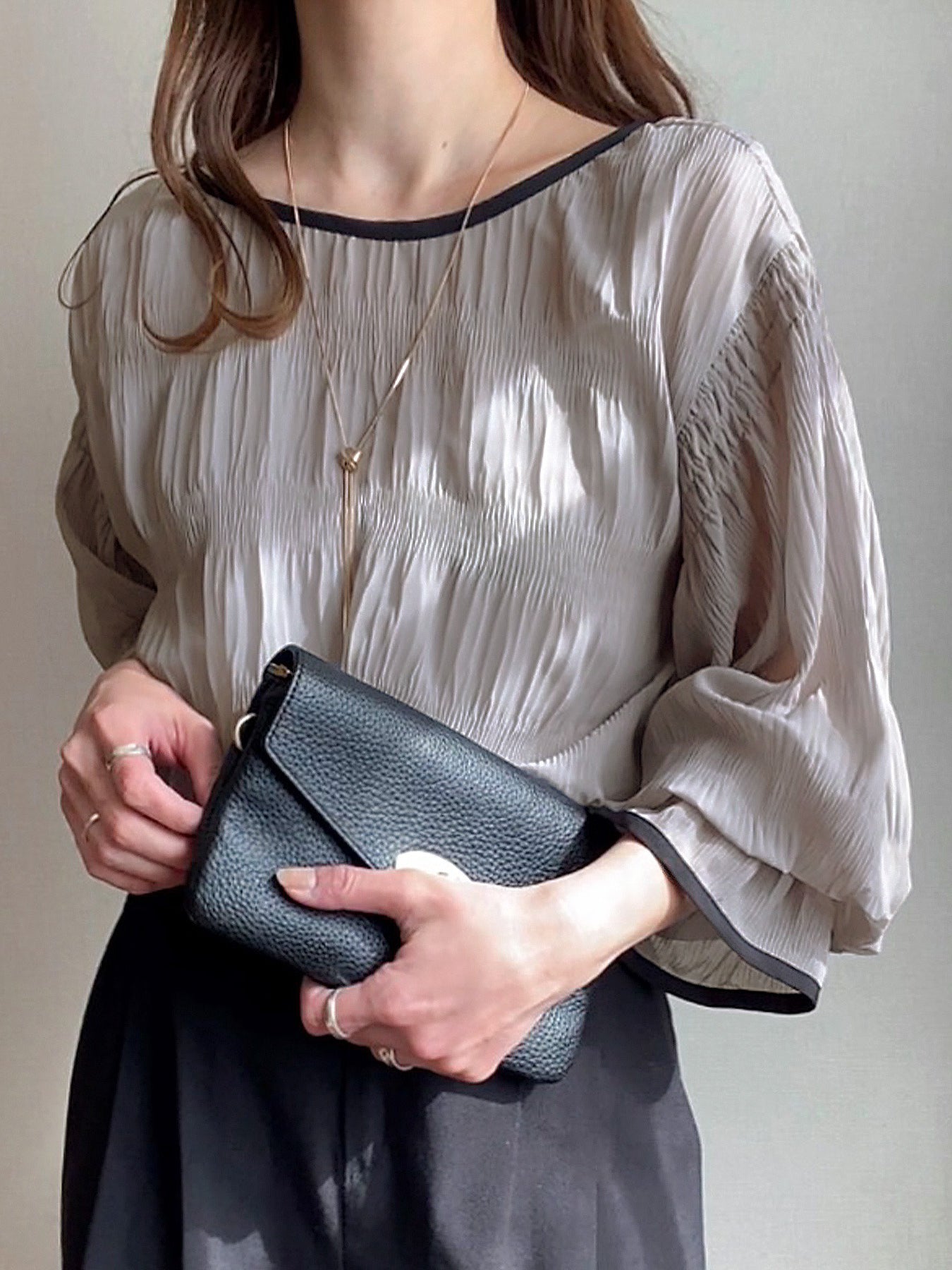 Shirring candy sleeve sheer blouse in 3 colors