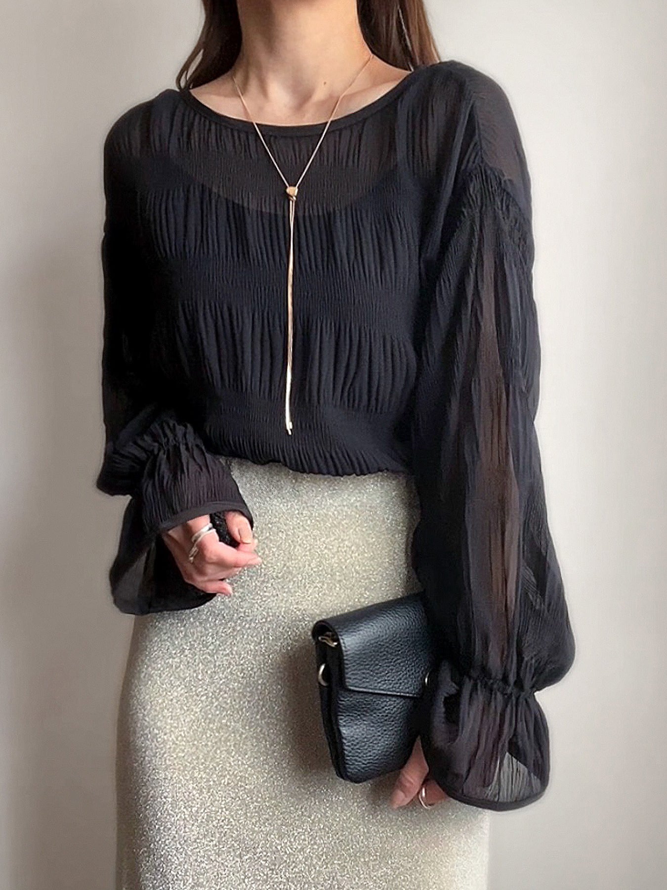 Shirring candy sleeve sheer blouse in 3 colors