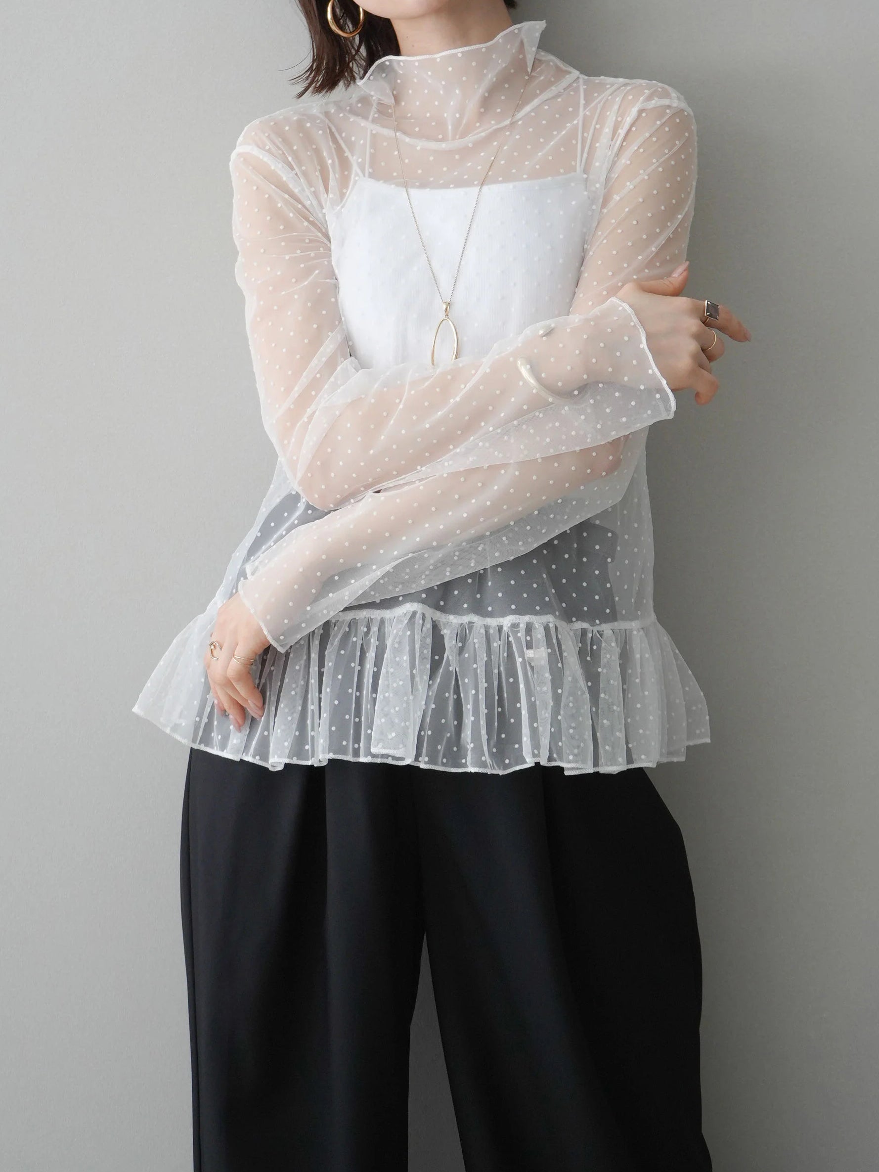ハイネックシアードットチュールトップス　3色入 - SonderSable
