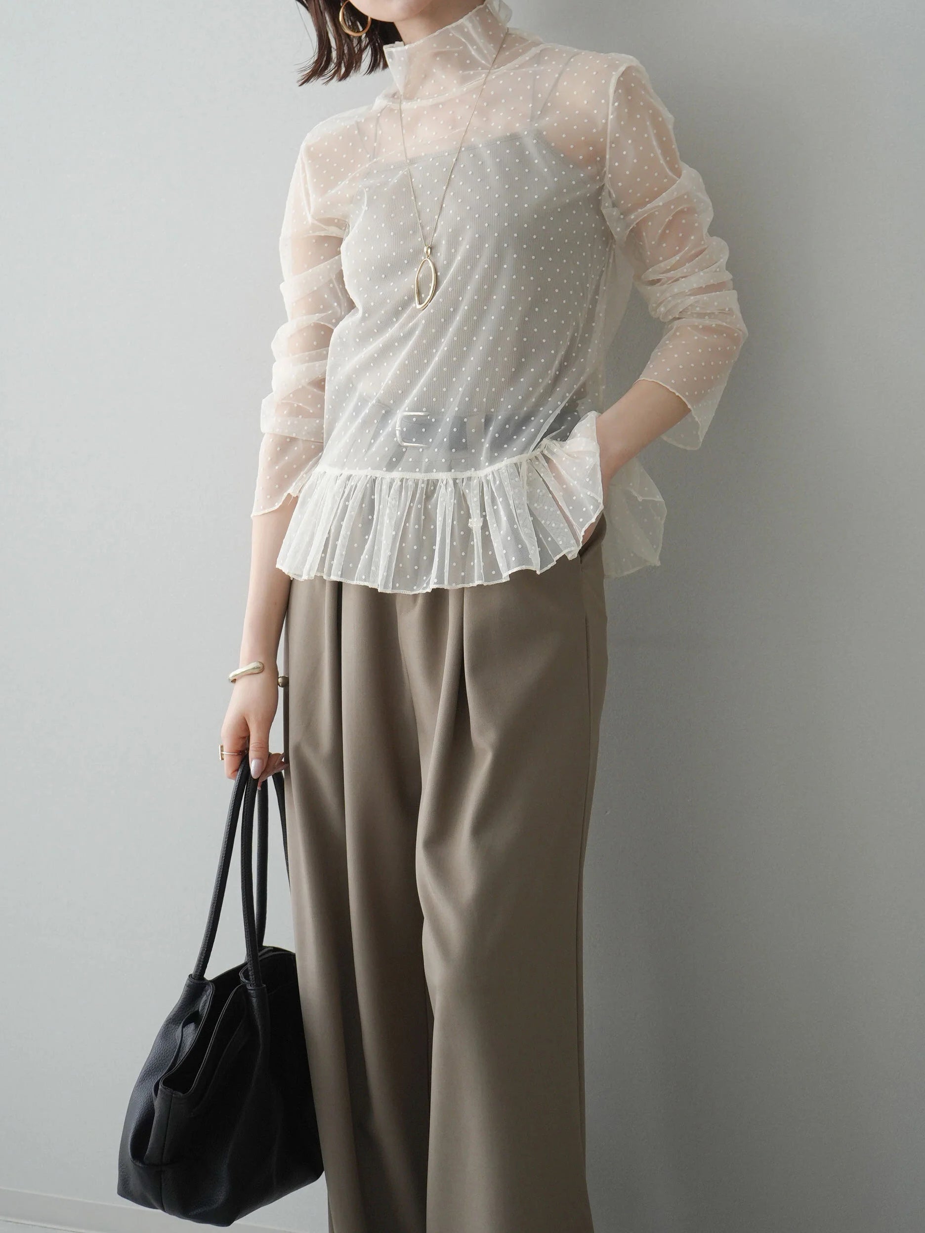 ハイネックシアードットチュールトップス　3色入 - SonderSable