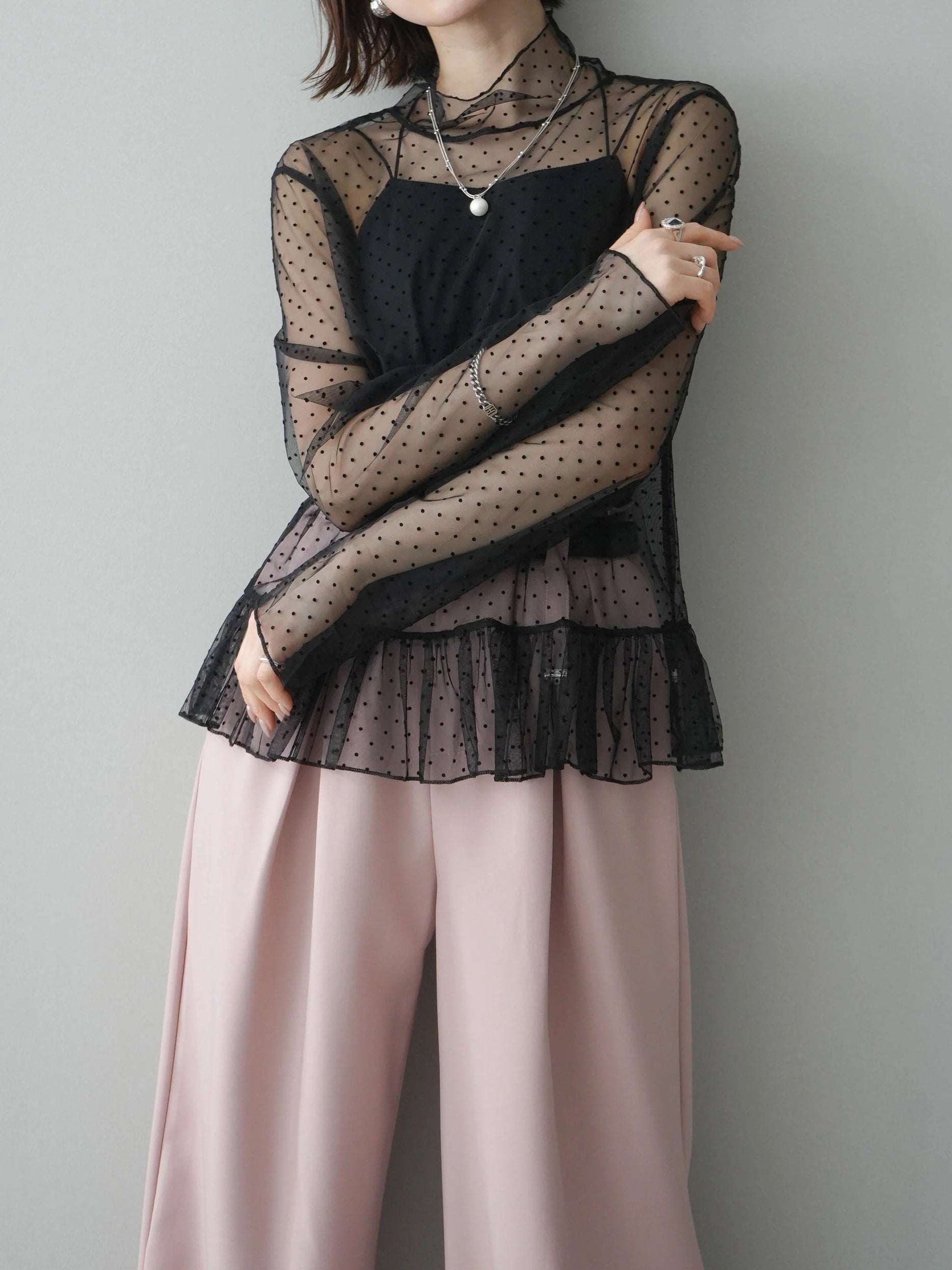 ハイネックシアードットチュールトップス　3色入 - SonderSable
