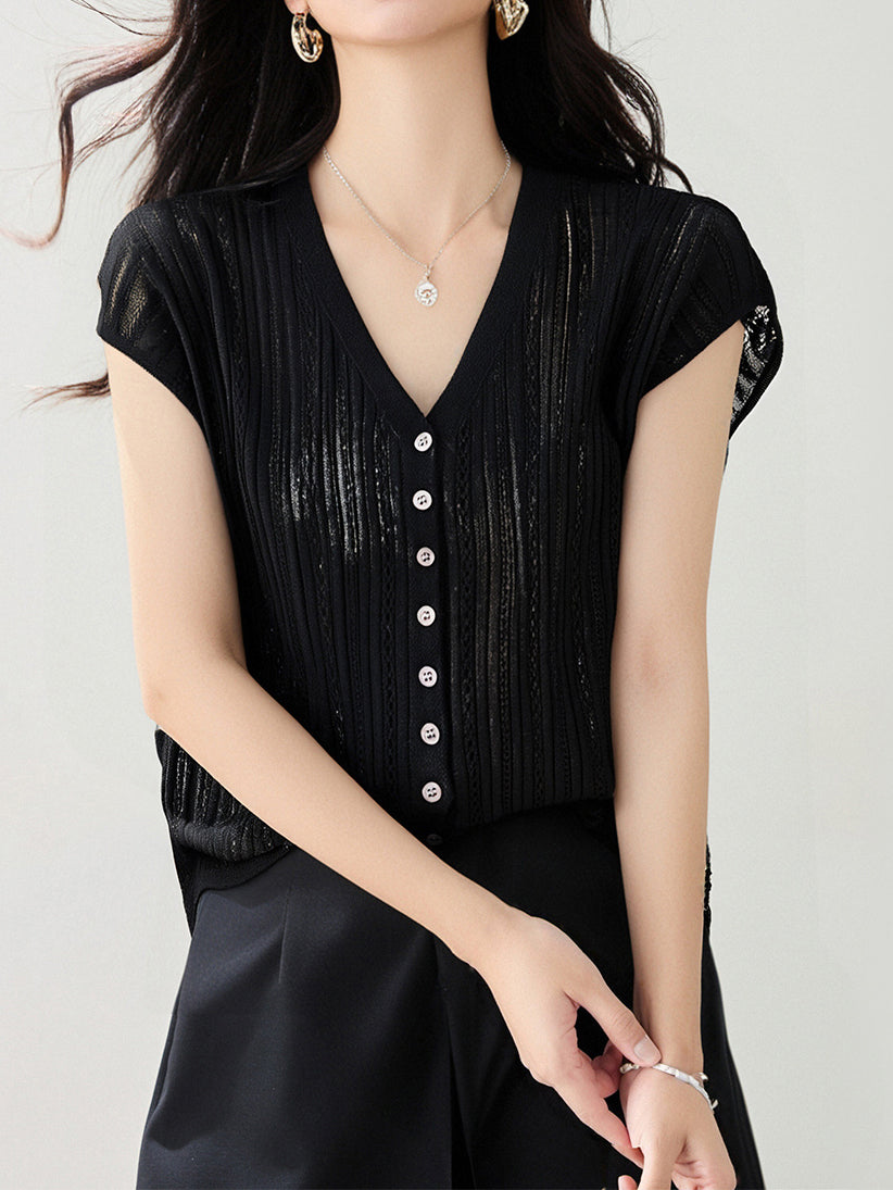 Vネックシアー編みクロシェニット　5色入