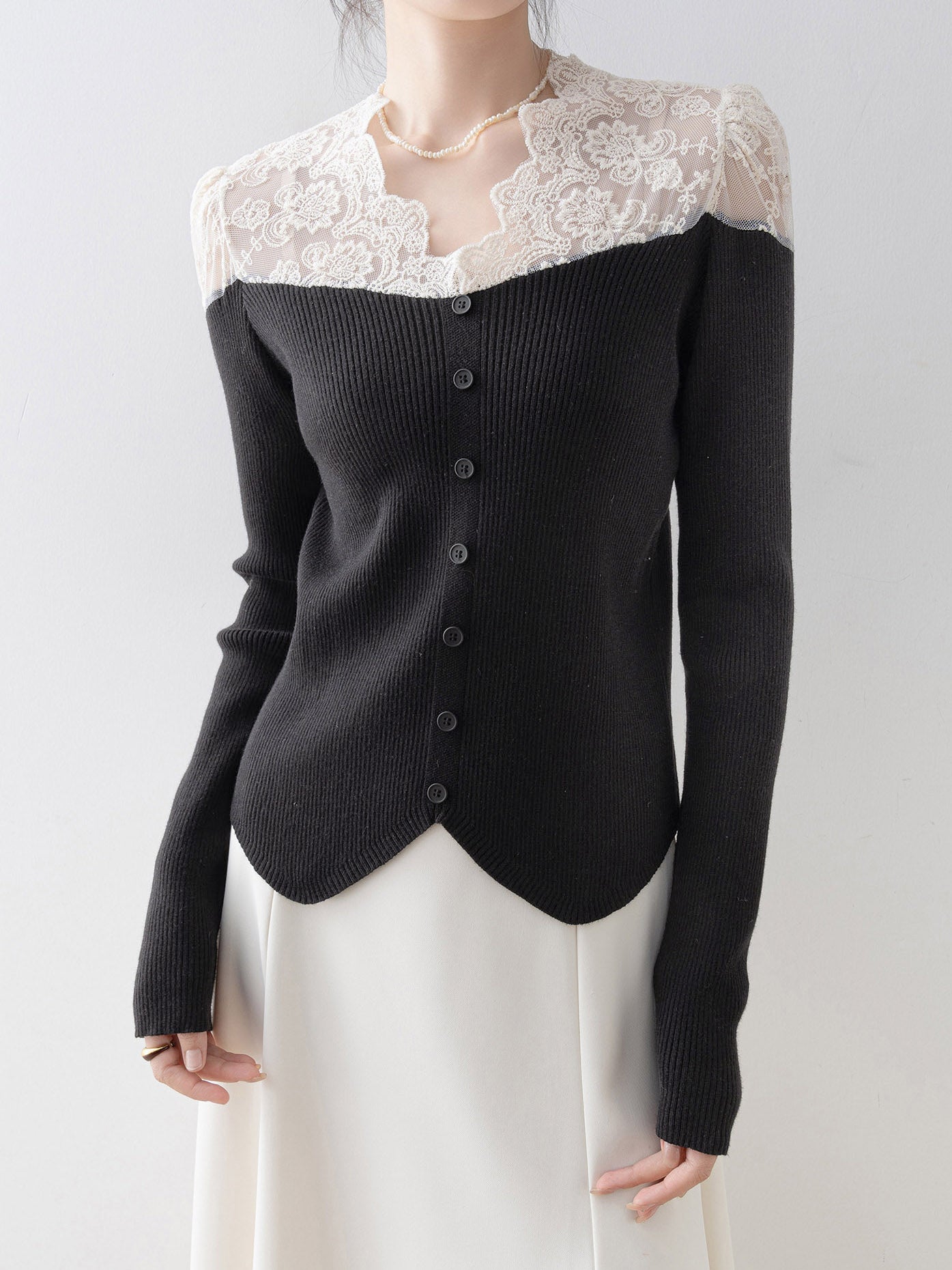 Vネックレースドッキングリブニット　4色入