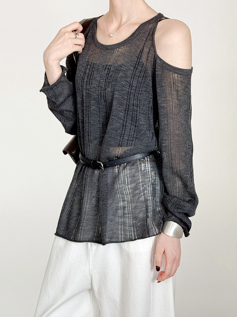 Open shoulder sheer knit sweater in 3 colors