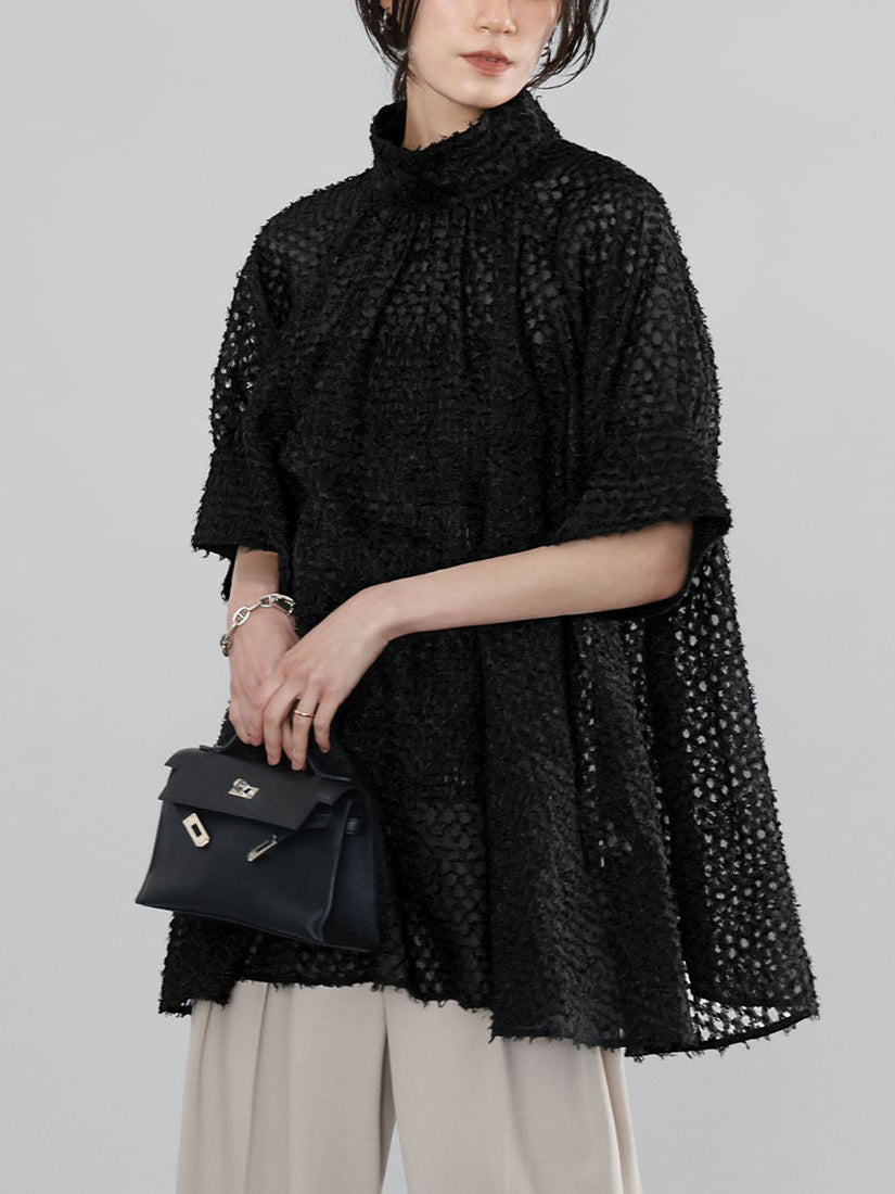 Cut jacquard high neck A-line blouse in 2 colors