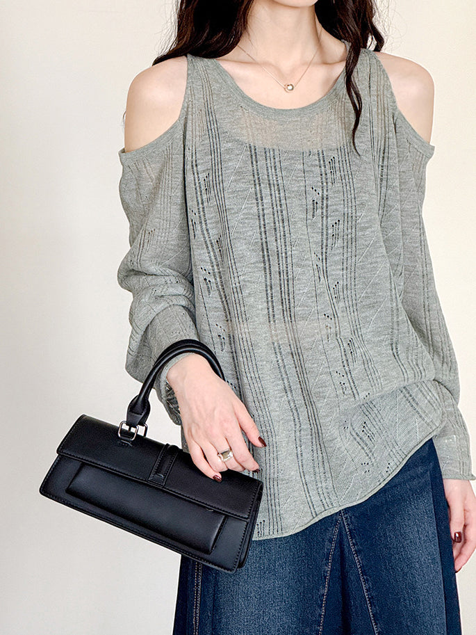 Open shoulder sheer knit sweater in 3 colors