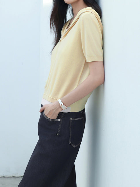 Hooded half-zip short-sleeve knit in 2 colors