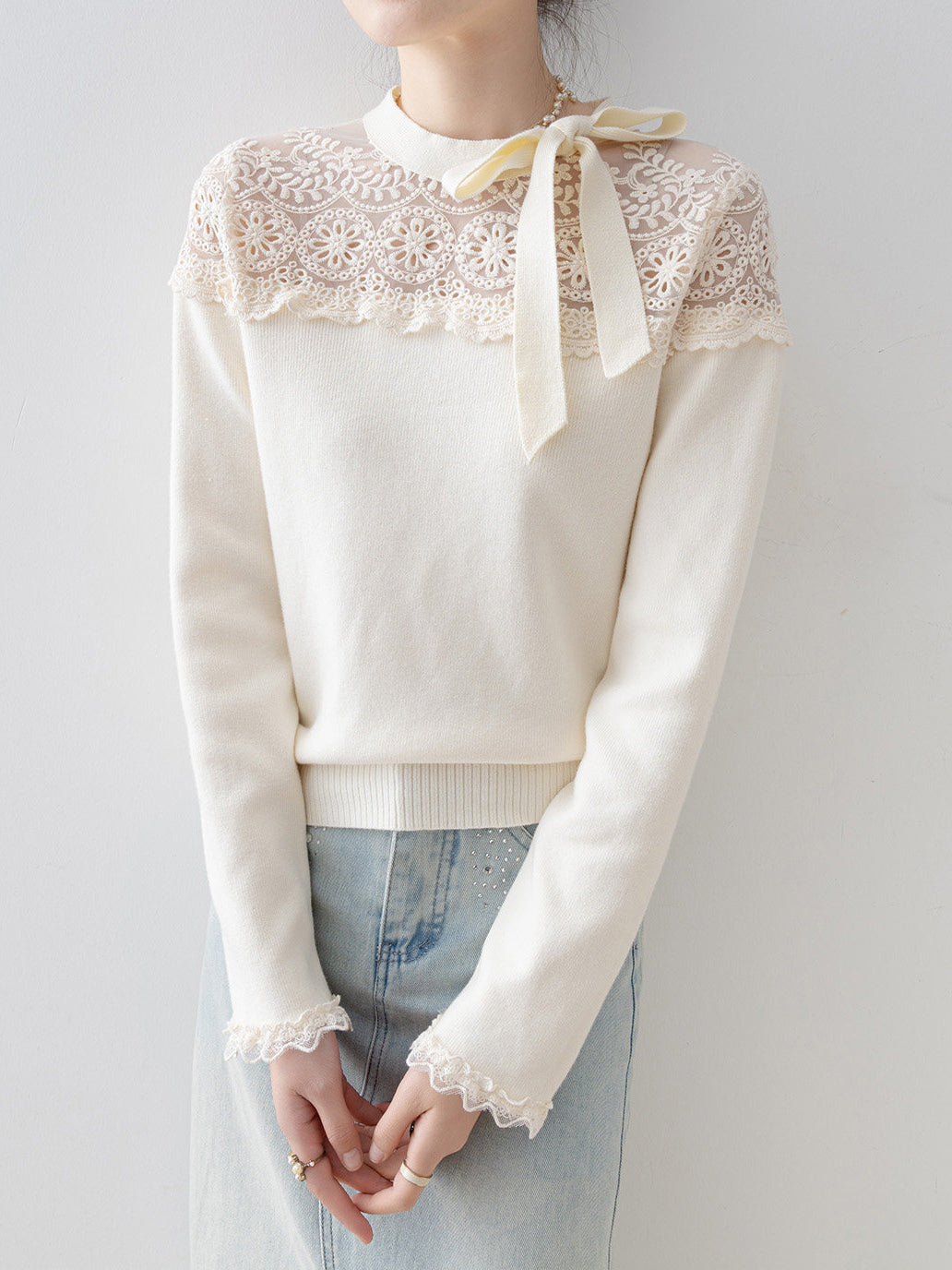 <先行公開>サイドリボンレースドッキングニット　3色入 - SonderSable