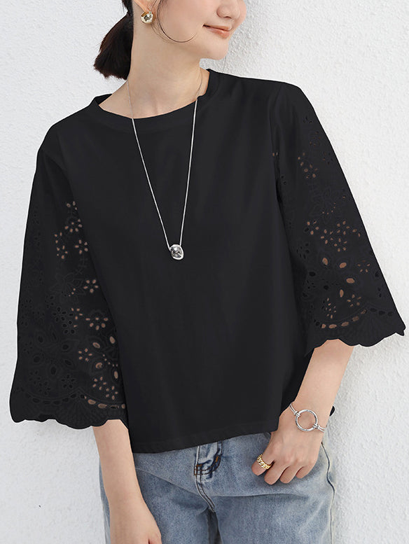 Punched lace sleeve T-shirt top in 2 colors