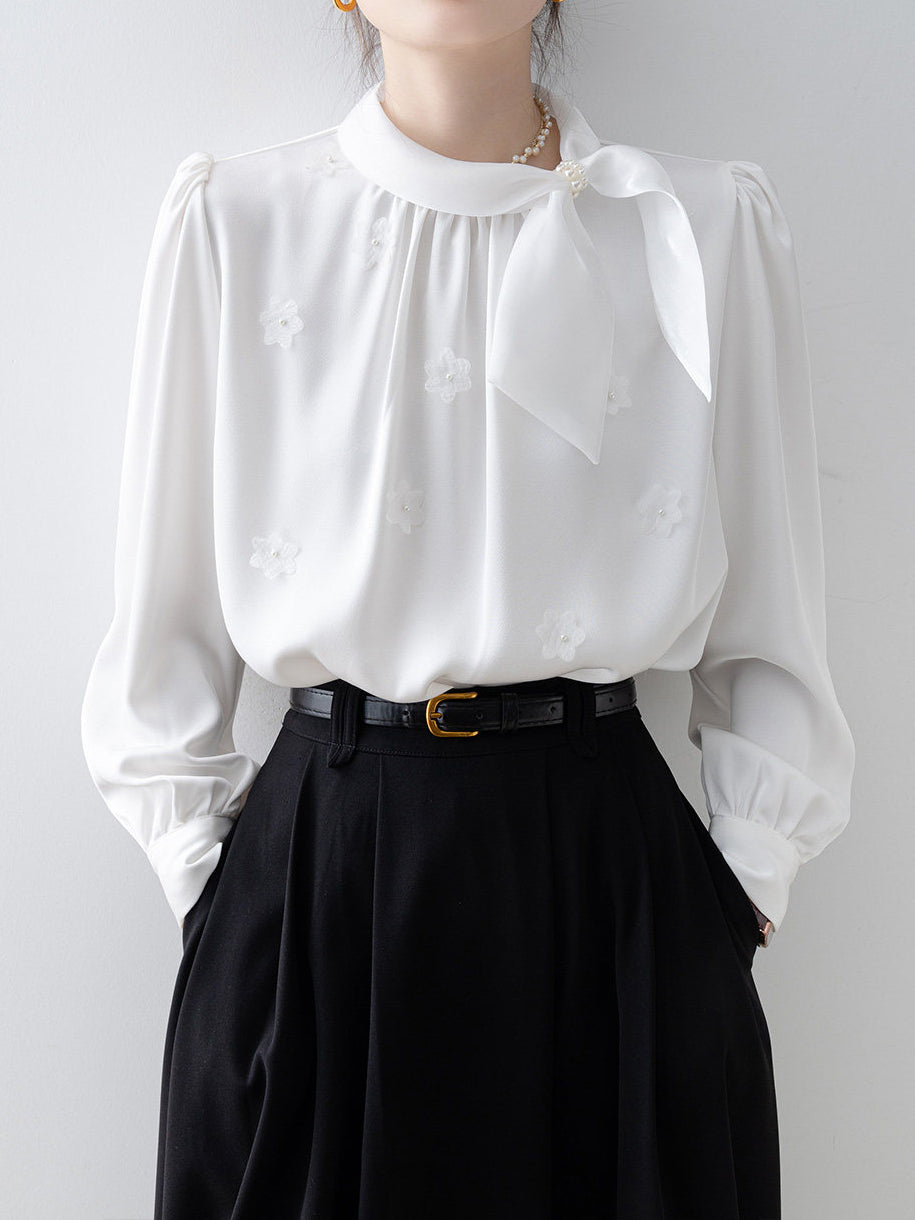 ボウタイデザインフラワーブラウス　2色入