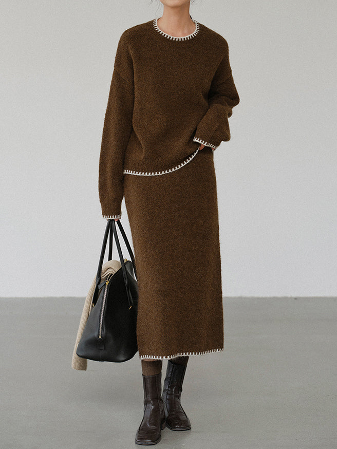 配色ハンドステッチニットトップス＋タイトスカートSET　4色入