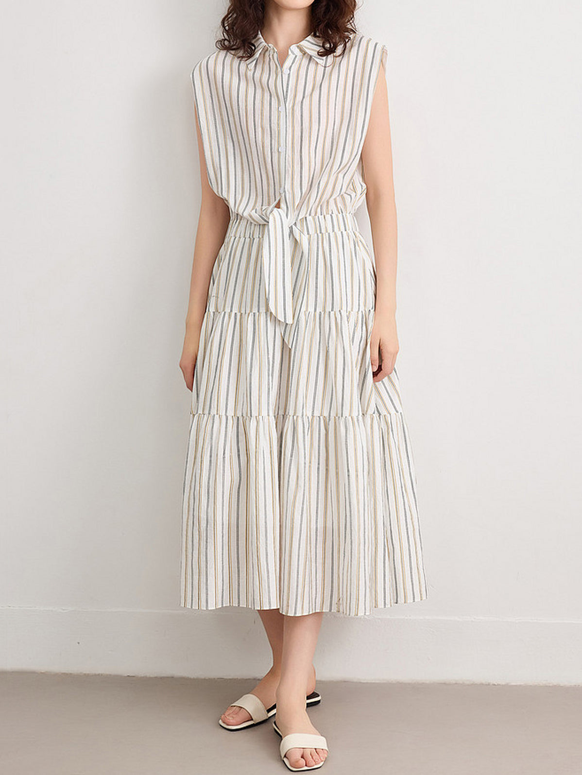 Tie-Front Striped Tiered Dress, 2 Colors