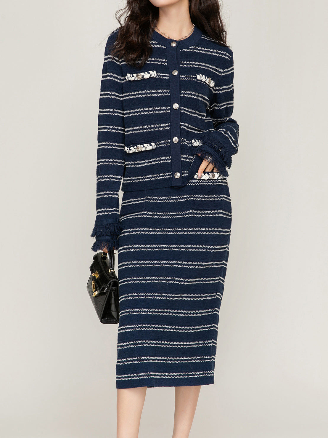 Fringe Striped Cardigan + Striped Pocket Knit Skirt Set (2 Colors)