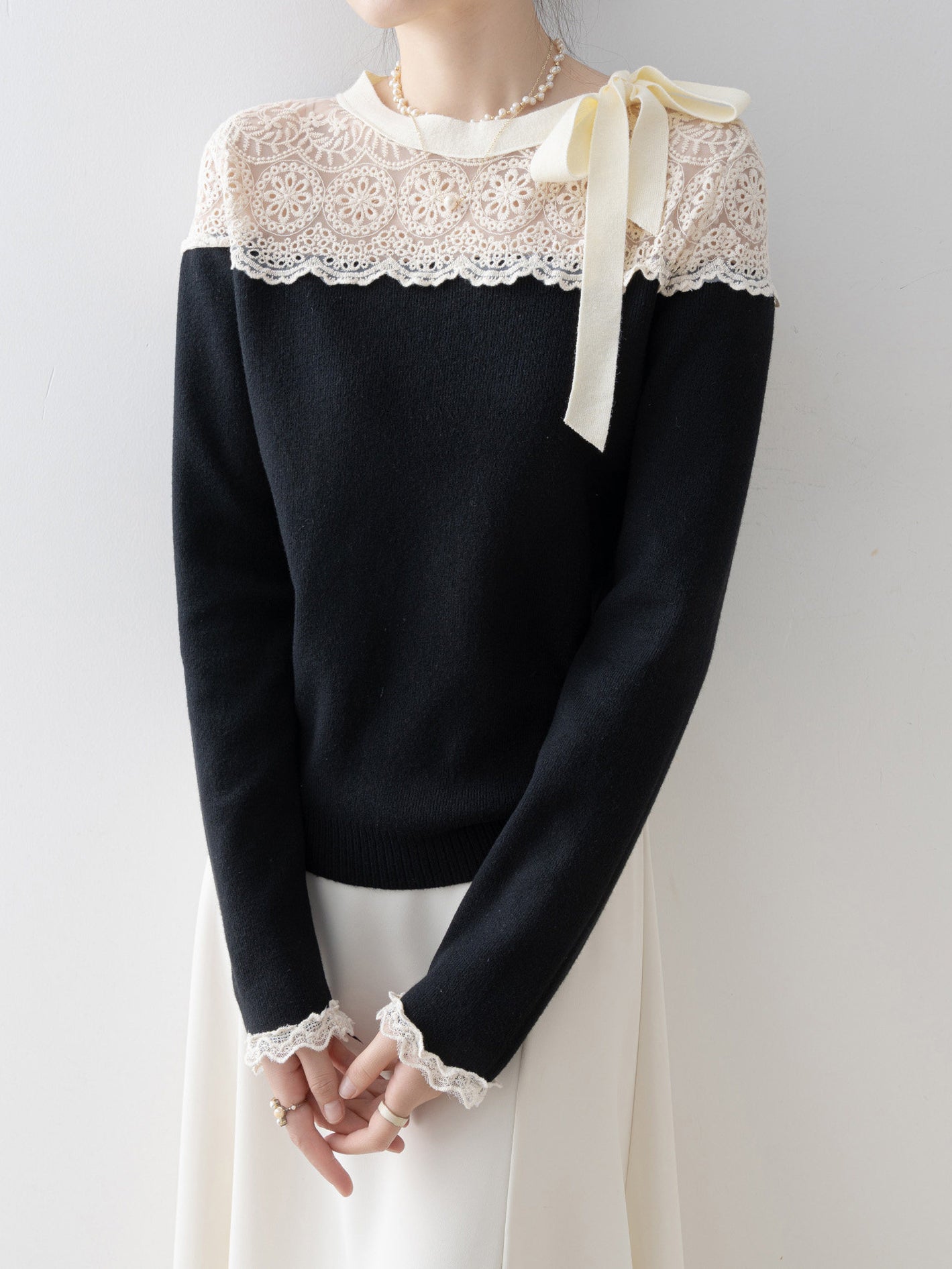 <先行公開>サイドリボンレースドッキングニット　3色入 - SonderSable