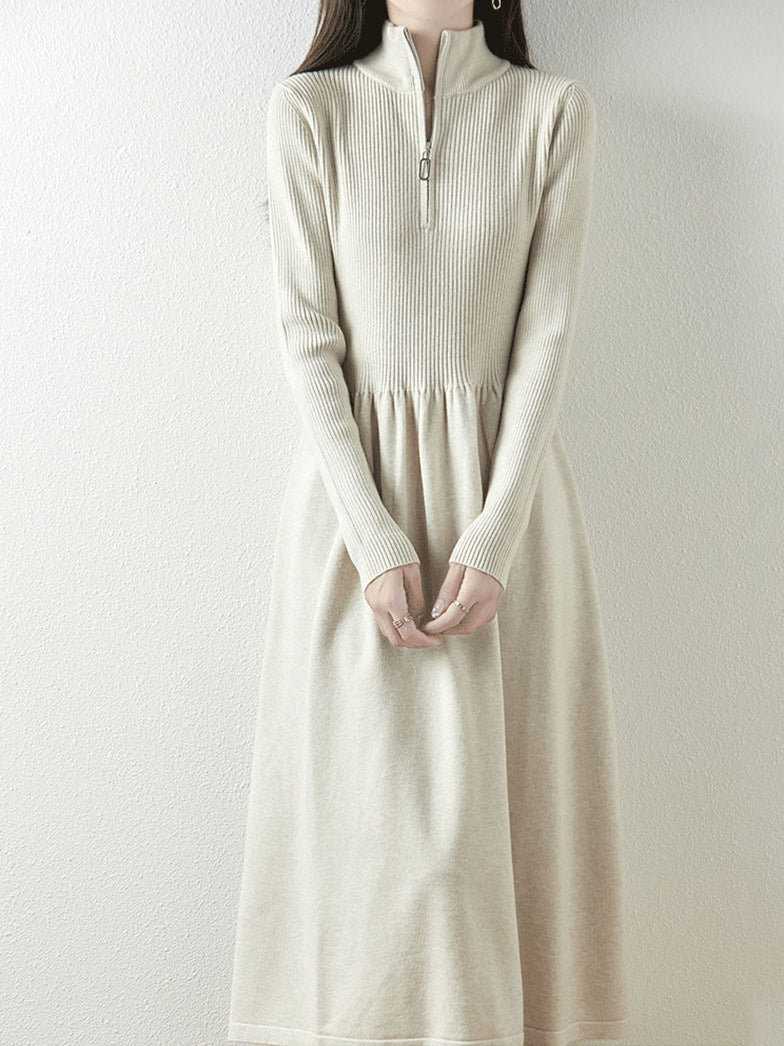 Half-Zip High-Neck Rib Knit Dress (5 Colors)