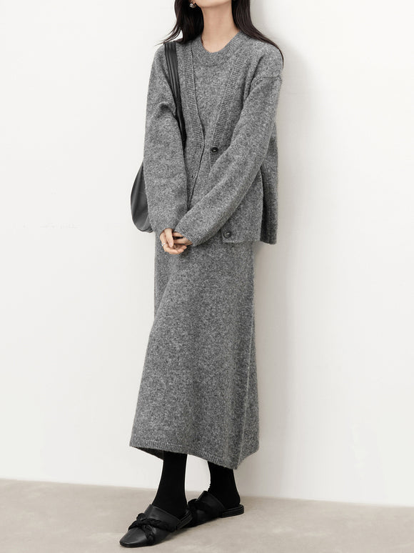 サイド革ストラップデザインカーディガン＋ロングニットタンクワンピースSET　4色入