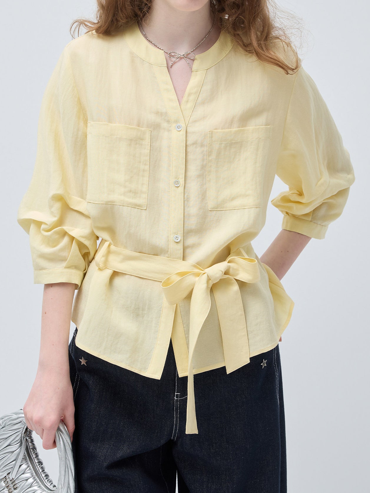 Key Neck Linen-Look Belted Blouse (4 Colors Available)