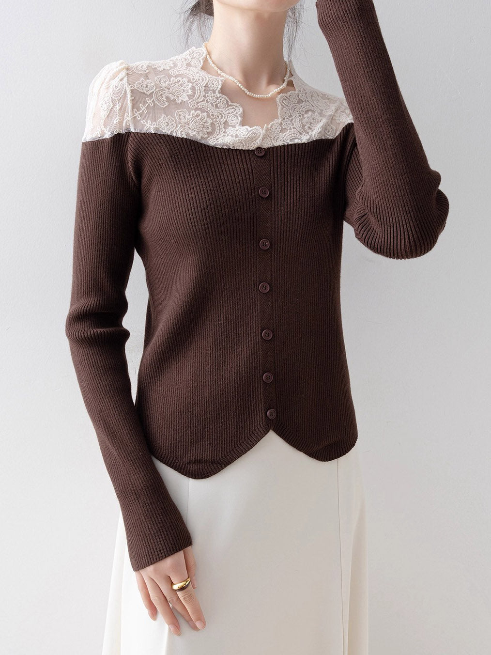 Vネックレースドッキングリブニット　4色入