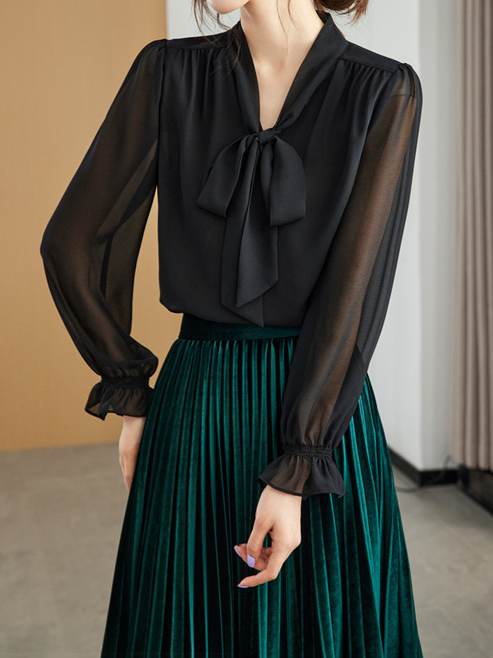 Sheer bowtie blouse in 2 colors