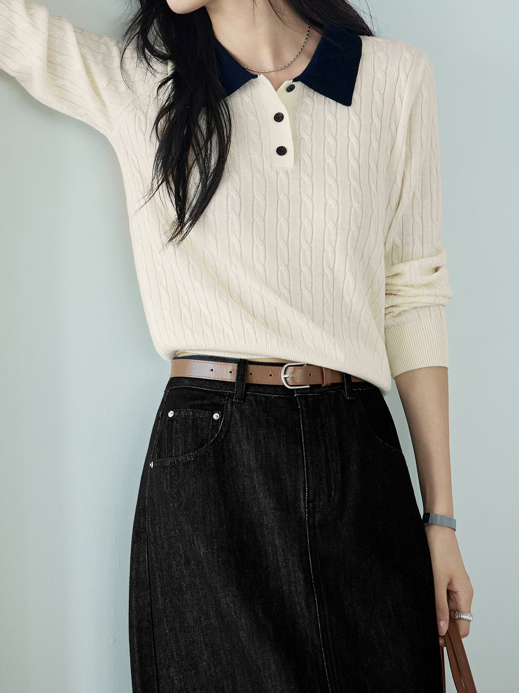 Two-tone polo rib knit top in 2 colors