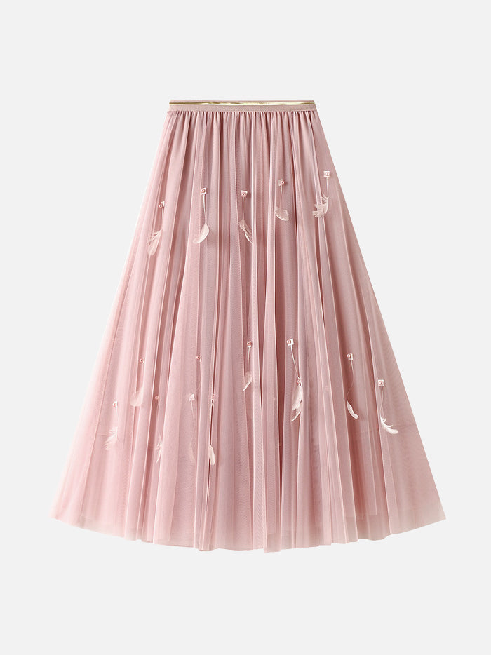 Beaded Feather Design Flared Tulle Skirt - Available in 6 Colors