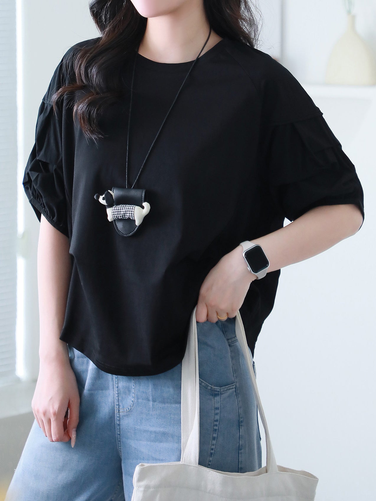 異素材クロワッサン袖タックTシャツ