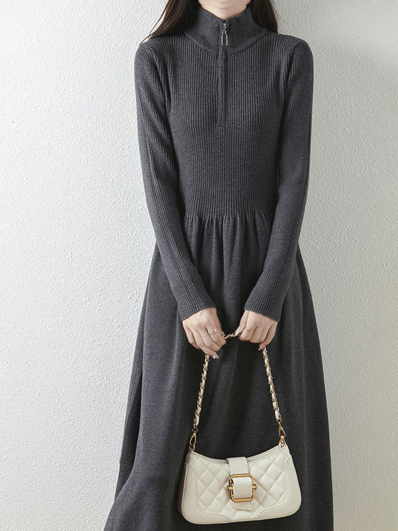 Half-Zip High-Neck Rib Knit Dress (5 Colors)